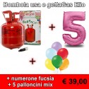 Bombola usa e getta gas elio + numerone fucsia + 5 palloncini mix